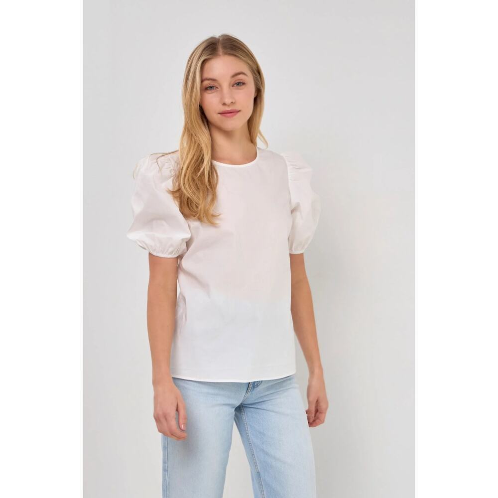 New English Factory Open Back Bow Detail Top With Puff Sleeves Size S